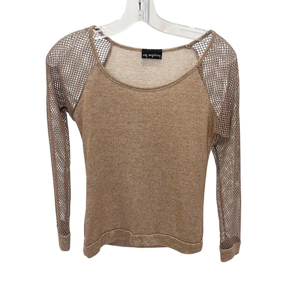 Vintage Y2K Say Anything Tan Marl Knit Mesh Long Sleeve Top Small USA Made